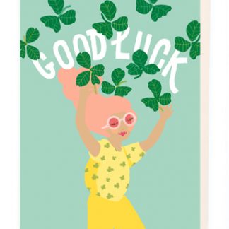 Good Luck card by Noi. Features a Girl and good luck clovers and ‘Good luck’ message on the front.