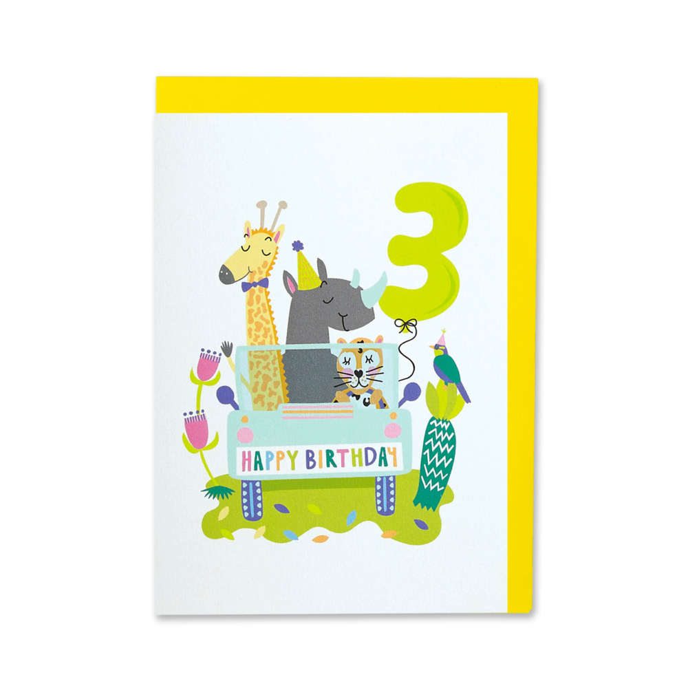 PArty jeep age 3 card by raspberry blossom