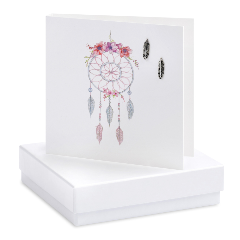 silve rstuds earrings feathers on card by crumble and core