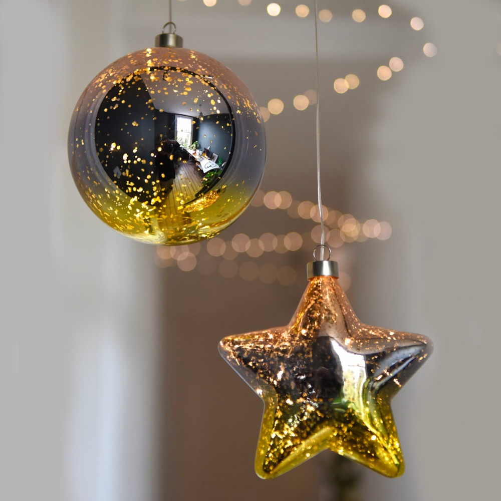 gold glass hanging decoartion star and bauble by lightstyle london