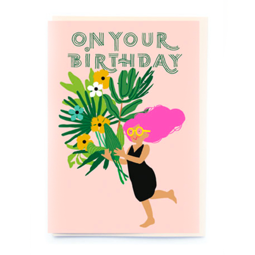 girl with giant bouquet card by Noi