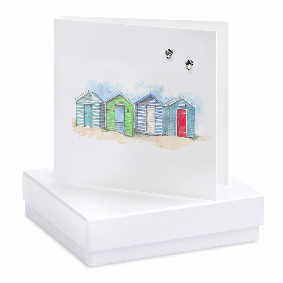 shells stud earrings on beach huts card by crumble and core
