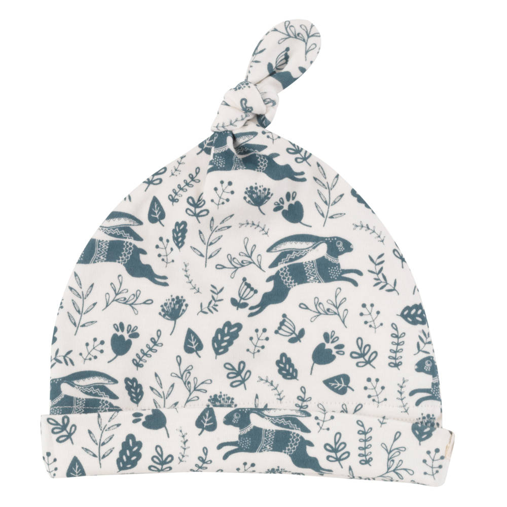 knotted baby hat white hares by pigeon Organics AW2021