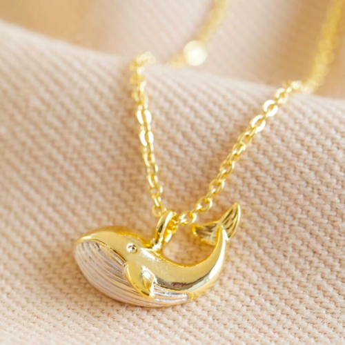 gold and white whale necklace by Lisa Angel