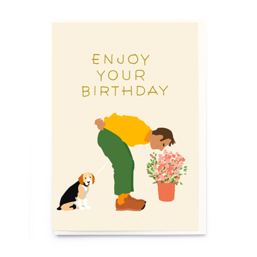 man smelling flowers card by Noi