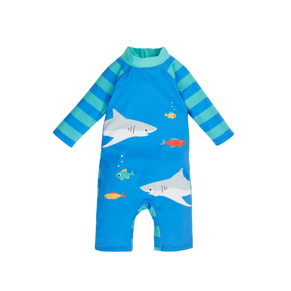little sun safe suit cobalt blue sharks by Frugi