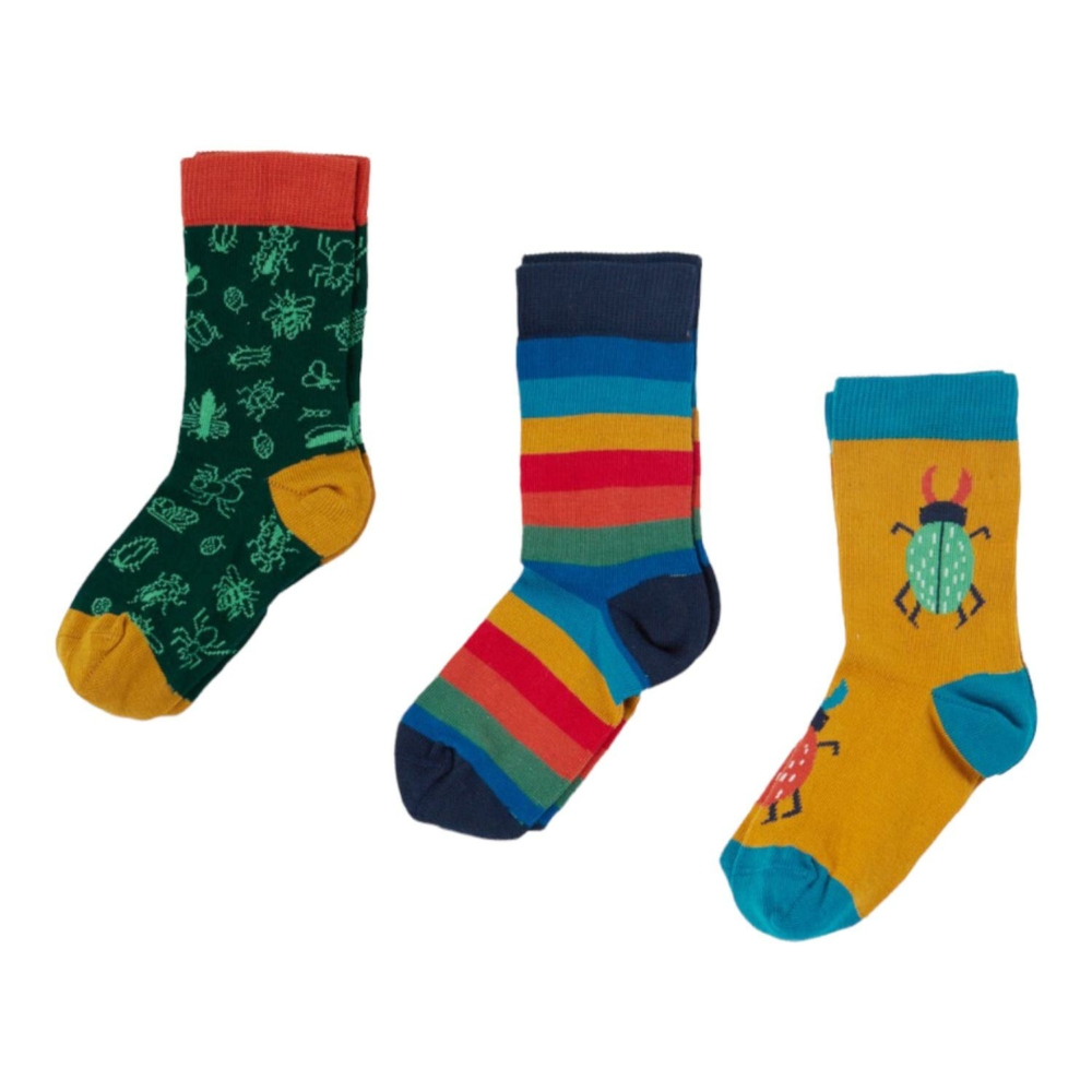 rock my socks 3 pack rainbow stripe bugs by Frugi AW22