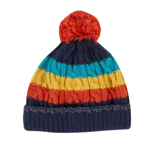 cable knit bobble hat red pom pom by Frugi AW22