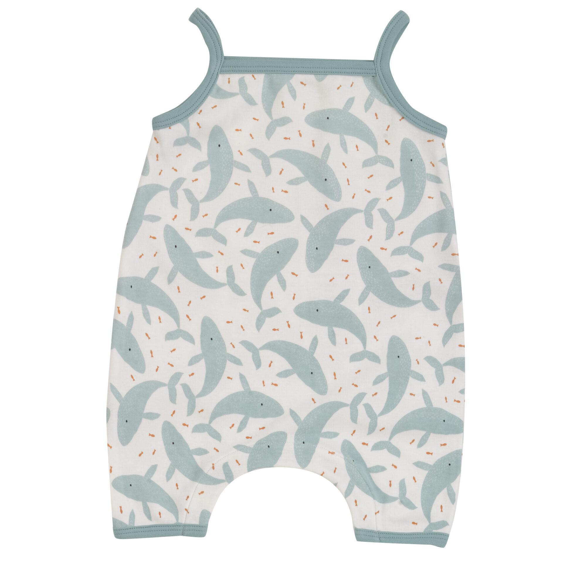 soft jersey playsuit whales turquoise by pigeon organics SS23