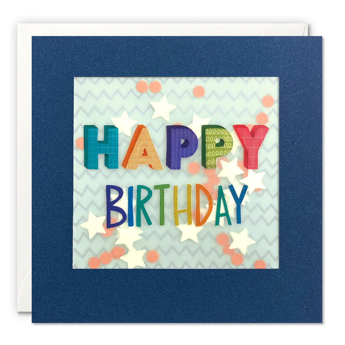 happy birthday colourful text paper shakies card by james Ellis