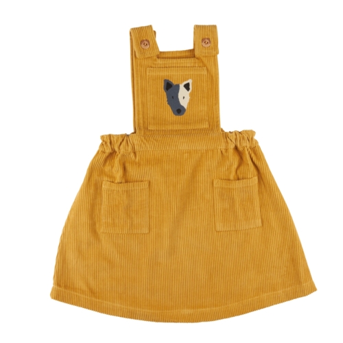 pinafore dress mustard with dog by pigeon organics AW23