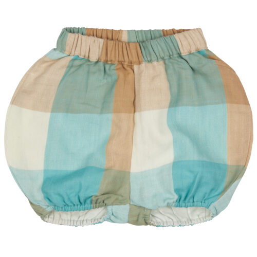Bloomers muslin check turquoise and taupe by Pigeon Organics SS2024
