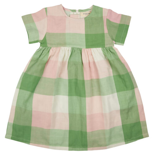 pretty muslin dress check green pink by pigeon organics SS2024