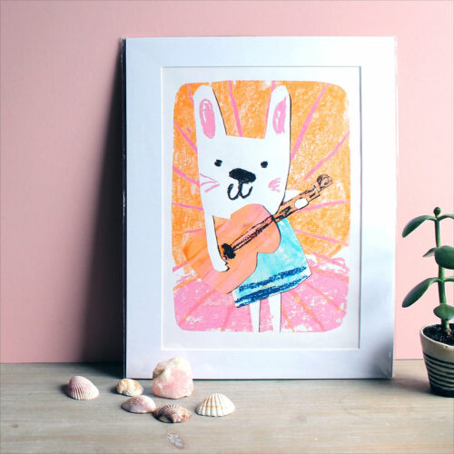 bunny with guitar card by laura stilbeck