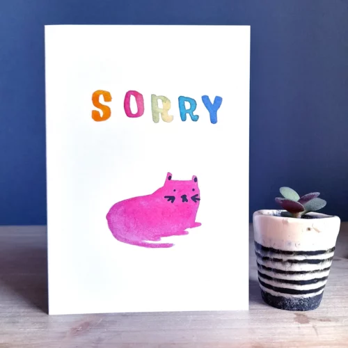 Sorry rainbow cat card by laura skilbeck