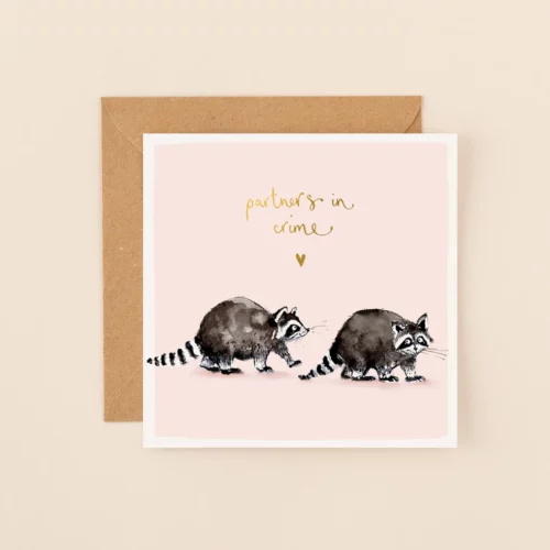 raccoons partners in crime card by Louise Mulgrew