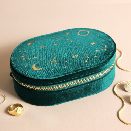 Starry night velvet oval jewellery case teal by lisa angel