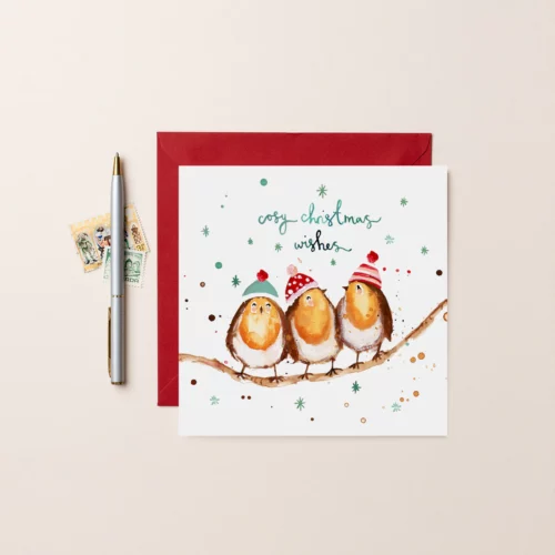 three Christmas Robin Card by Louise Mulgrew